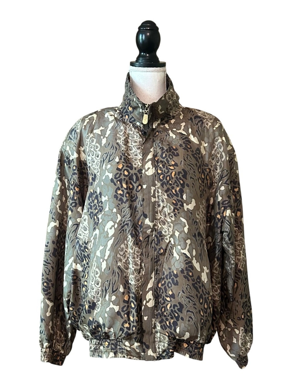 Vintage Fuda International 100% Silk Bomber Jacket SZ Large Animal Print